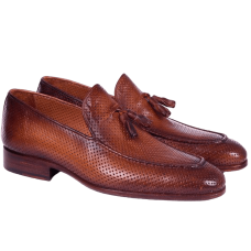 Brown Perforated Leather Tassel Loafers