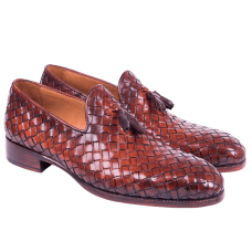 Woven Leather Handpainted Brown Tassel Loafers